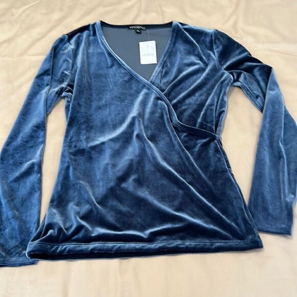 NWT J Crew merchantile size S shiny soft  blue velour long sleeve faux wrap top - Picture 2 of 6